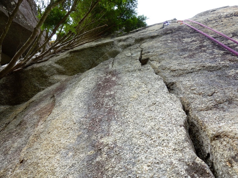 Pitch 4: Looking up Voyage of the Majestic Glass-Eyed Tuna start to the left. Good gear and fingerlocks. Belay below the tree. I would probabaly recommend this start for Pitch 4 to keep the difficulty of this pitch in line with the rest of the route.
