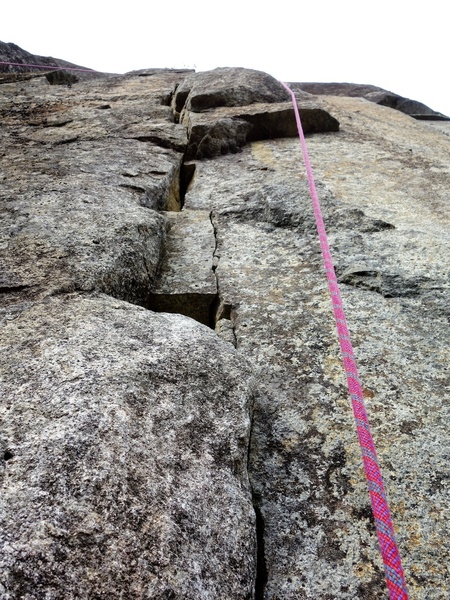Pitch 4: Looking up Path of Righteousness direct start. Kind of strenuous and hard. This is better than being suckered up and right to the bolt above a mantle move. Another option (which I personally recommend) is VOTMOET start to the left of this.