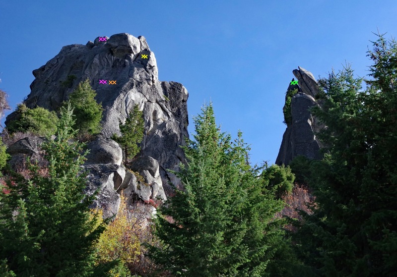 Roadside Crag on left.<br>
Pincer on right.<br>
<br>
Pink: Computer Girl anchors<br>
Orange: Midnight Visitor anchors<br>
Yellow: Shades of Gray anchors<br>
Green: Snapper anchors