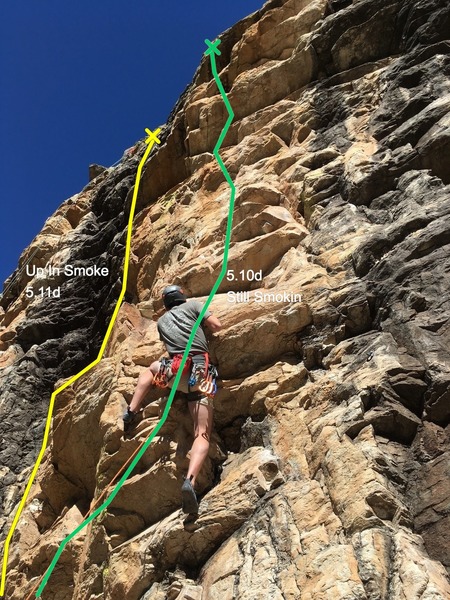 I am on the 5.10d Still Smokin here, but the unknown route is to the left.