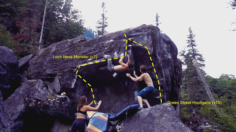 The Loch Ness Monster Boulder. Jake Love pushes through the final moves on Loch Ness Monster (v7).
