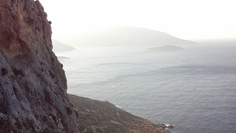View from start of Wild Country, in the direction of Kalymnos. Just vIsible is the 8a ferry headed straight for the South Face drop-off point; some low outcrop into the sea (also just visible).