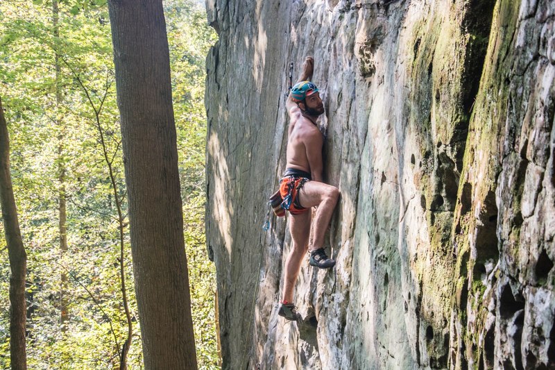 About to push into the crux on Possum Lips