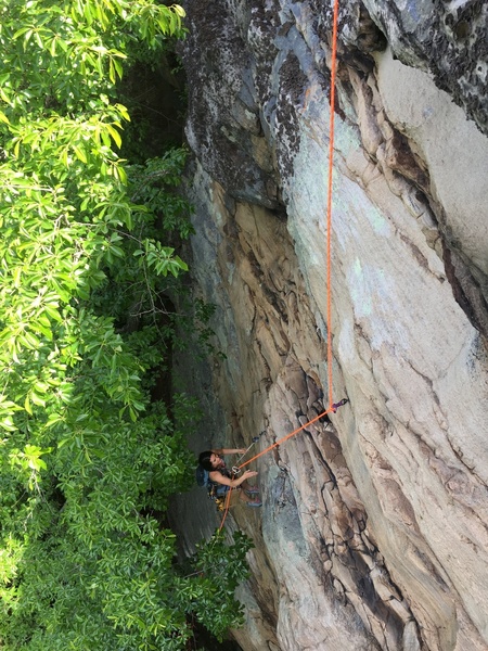 Kylie working to bolt the upper section of "Spirit Blade". Can you spot her friend who lives on the route?