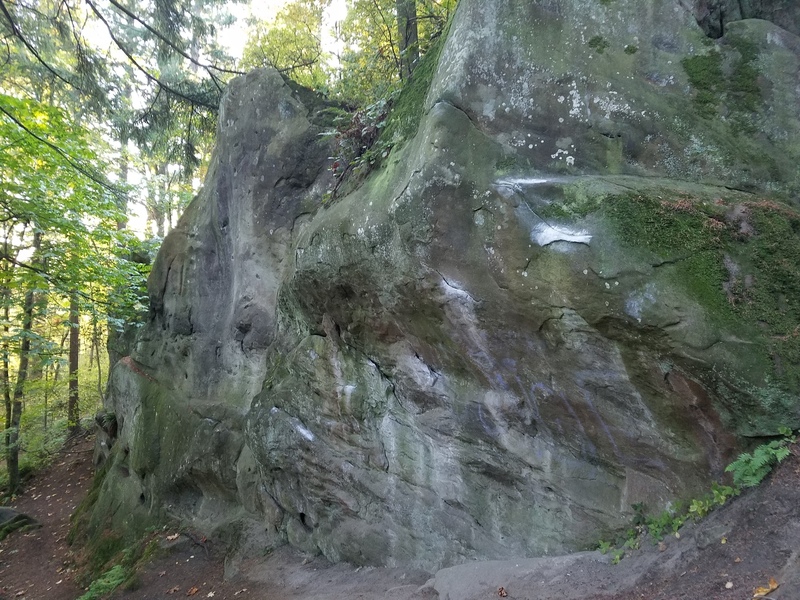 Route starts down and left, then traverses right and tops out straight above the well chalked holds.