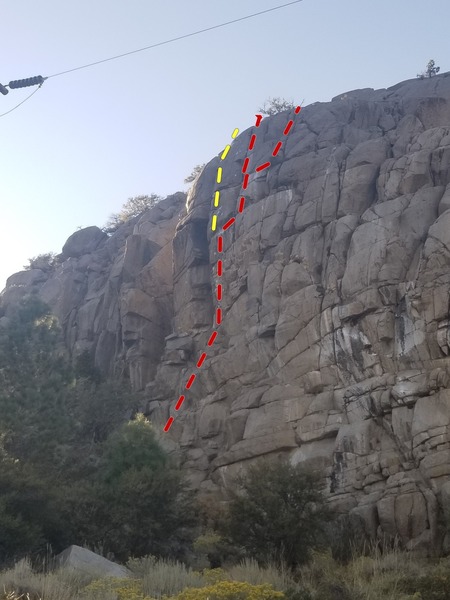 [red] Alternate TRAD Finishes TOPO. From 2nd ledge after first 4 bolts you move rightwards, placing gear in the obvious hand cracks. Bring extra long slings to protect the wandering finish. [yellow] The original bolted line.