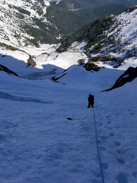 My friend nick behind me on the NW Couloir!! Sick route when it is in, you can see the white salmon behind us.