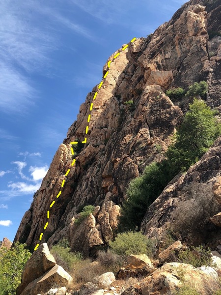 The golden pillar that's home of Brisingr and Firesword. Brisingr topo marked in yellow.