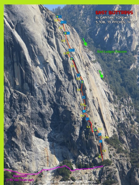 This is Steph Abegg's photo and her route in red. I overlaid our 7-pitch variation in lime-green. Steph, if I overstepped my bounds using your photo, please forgive me and I'll make sure it gets removed. PS: your website rocks!!!