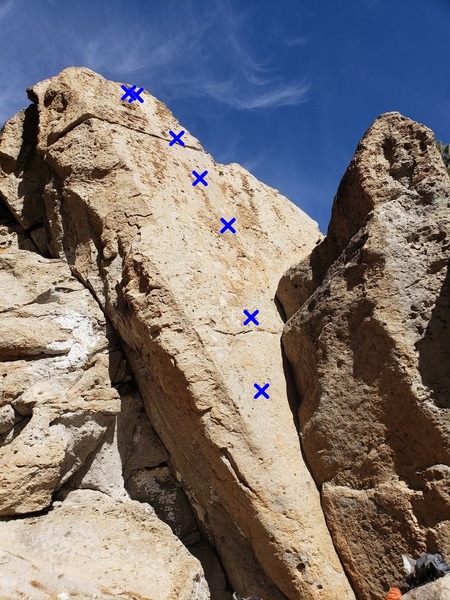 Area 14. X-4 starts in the corner and climbs the right side of the face.