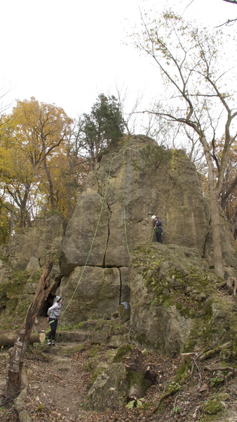 Brother Buttress' center aspect, viewed from the west. The Twin Sisters are directly behind the photographer. The folks pictured are tying in for Horrendous.