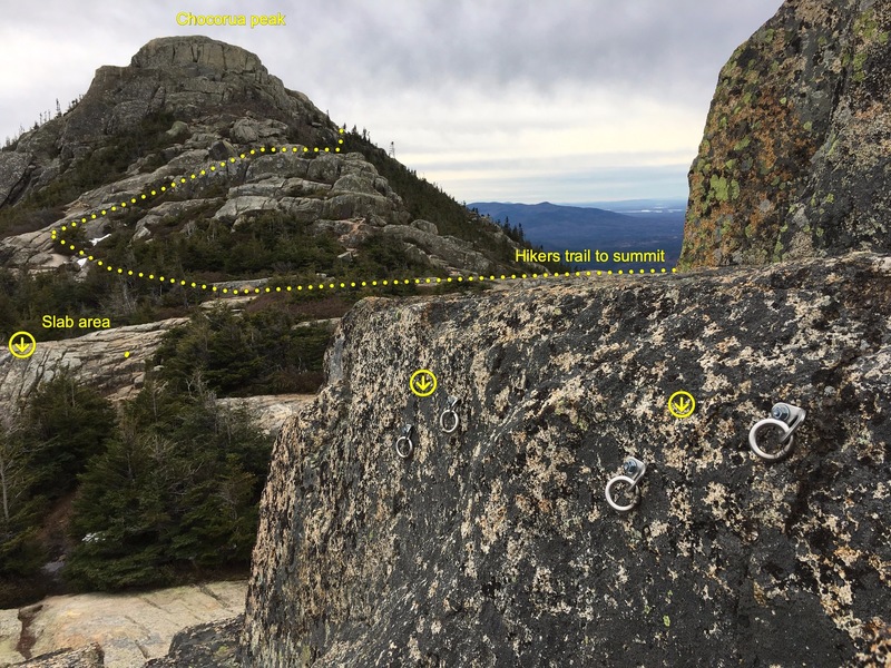 Two new anchors appeared in the middle of nowhere. They are 200 ft to the right of the slab area and the rock below them is in the 5.1-5.4 range