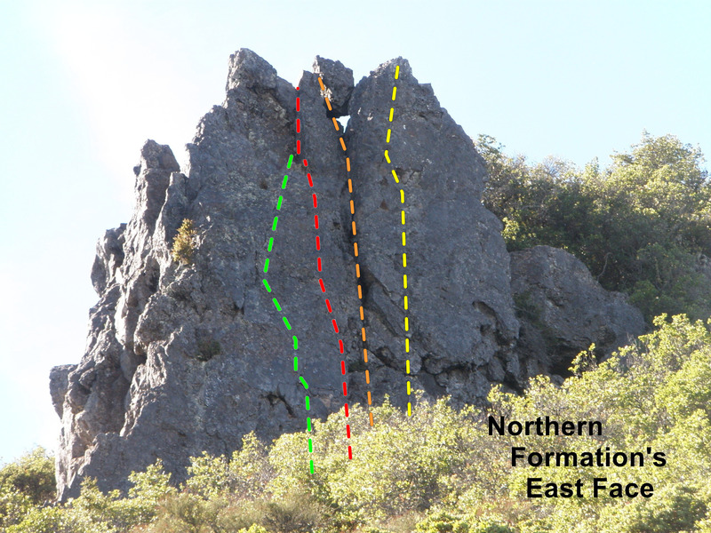 East Face of the Northern Formation - approximate routes shown: Green- far left side (5.6-5.7) ; Red- East Face 5.7 ; Orange-the Big Crack 5.4 ; Yellow: Right of Crack 5.6