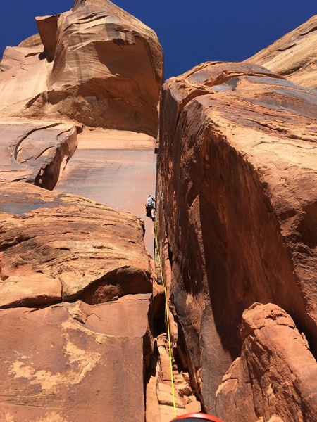 The route from the belay, showing the scrambly start and the thin hands crack.