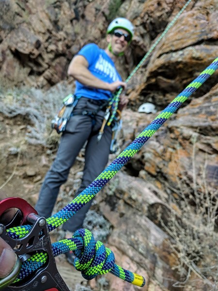 This can be done in one pitch with a 70m. Thanks, Bob, for setting the 2nd pitch anchors in just the right place. The ground angles down the hill, so start or finish on the left, closer to the anchors.