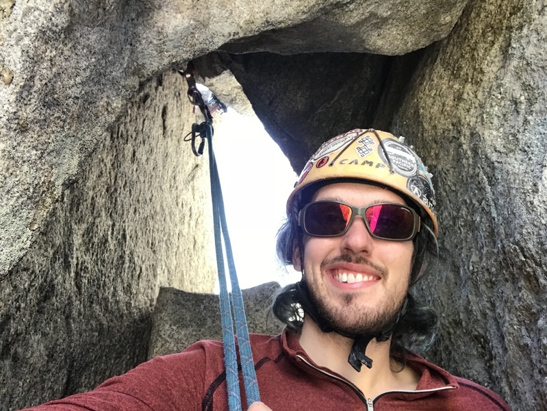 Midway belay in constriction off rap slings and a #5