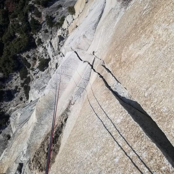 Looking down the long 5.10 p6 175ft of some easy o.w. and superb crack climbing