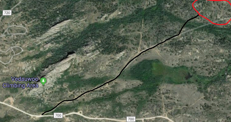 The start of the black line is at the 2nd parking area for The Nautilus (if coming from I-80). The red circle is approximately where all of The Lost Boulders are located.