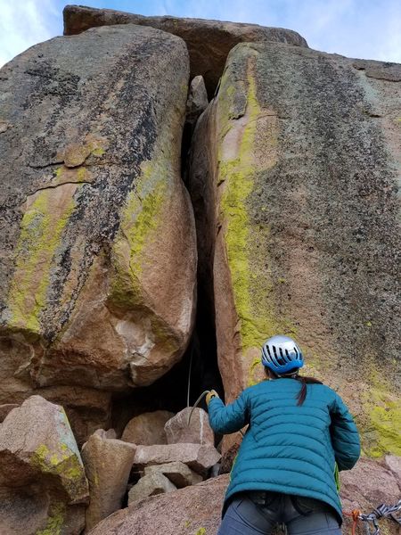 The route from the base, with Hannah on belay. (Photo by M. Rangel)