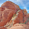 Calico South Viewpoint with three mini-buttresses (blue), <br>
along R side of narrow left gully easier scramble (yellow dots) in center.<br>
. Q pink = direct steep finish Variation<br>
Wide gully toward Calico Peak summits is (green) on right side of photo