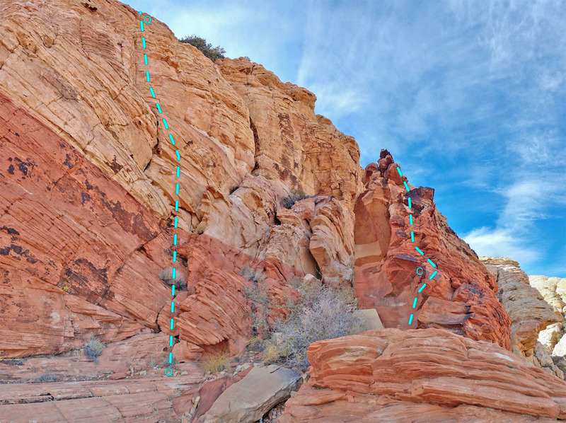 C. the high mini-buttress on right side of narrow gully.<br>
<br>
Q. Variation steep direct to Calico South Viewpoint.