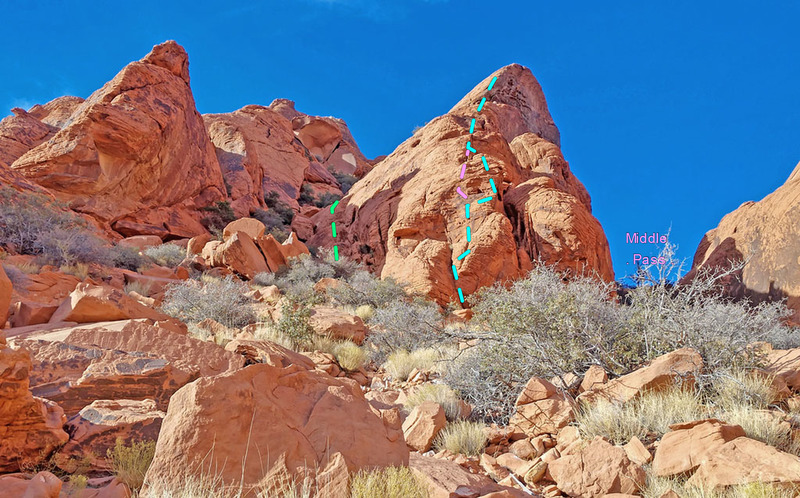 bottom of Stone Sweet Ridge
<br>
* green = variation 1.2 along left side of ridge
<br>
* pink = Variation 1.1
<br>
* blue = main route