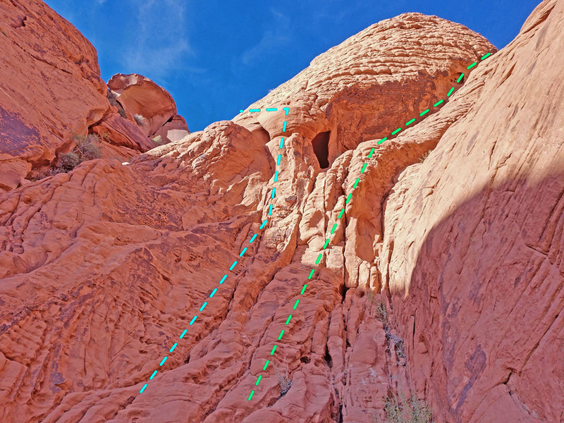 near the top of alternate starts for Stone Sweet Ridge route:
<br>
* blue = Left Gully variatoin
<br>
* green = Variation 1.2 (going to P2 top anchor)
