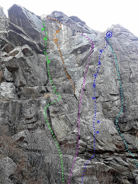Teeter Totter Roof now has the direct 3 bolt lower crux (5.10c/d) through the dramatic lower roof. The line is shown in white.