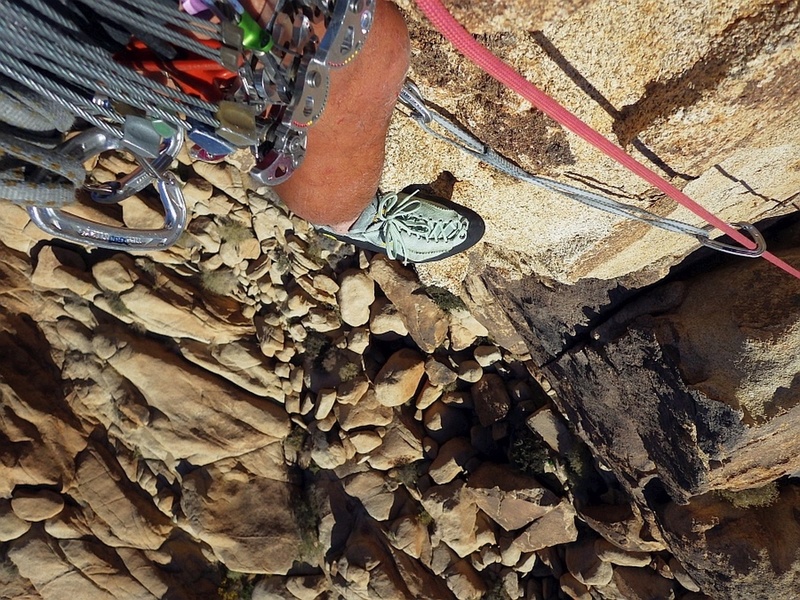 Looking down from the steep juggy arete with the airy exposure, along the actual Tranquility route that veers out left to lead up to the sub-summit. 25 Nov 2018.