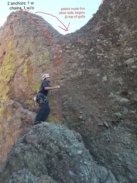 This is from the belay station beyond the 1st anchor on the Eastern side of the second sister. additional route comes up from the other side and begins at the top of a gully. additional route on opposing wall from this belay station