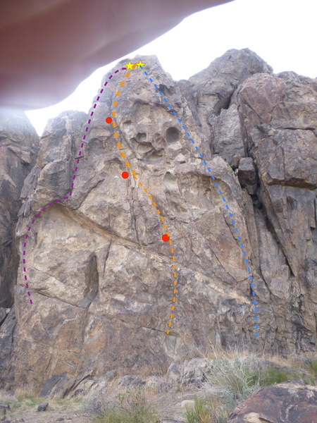 Purple = "Post-Punctual" 5.9 TR
<br>
Orange = "Cardinal" 5.10a S - 3 bolts to anchors
<br>
Blue = "Concomitant" 5.8 TR
<br>
red dots = bolts; stars = anchors
