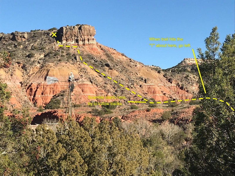 Sorenson Main Wall is marked by an 'X' and the dashes are roughly the approach. The trail T's into another about where the terrace meets the talus slope. The scramble starts at boulder field in the image center. Hackberry is just out frame, lower left.