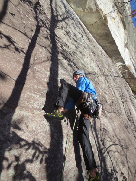 Joe DeGaetano highstepping into the start of Warriors Way. Almost every route on Whitesides starts out with runout 5.9 slab. They keep you honest in NC.