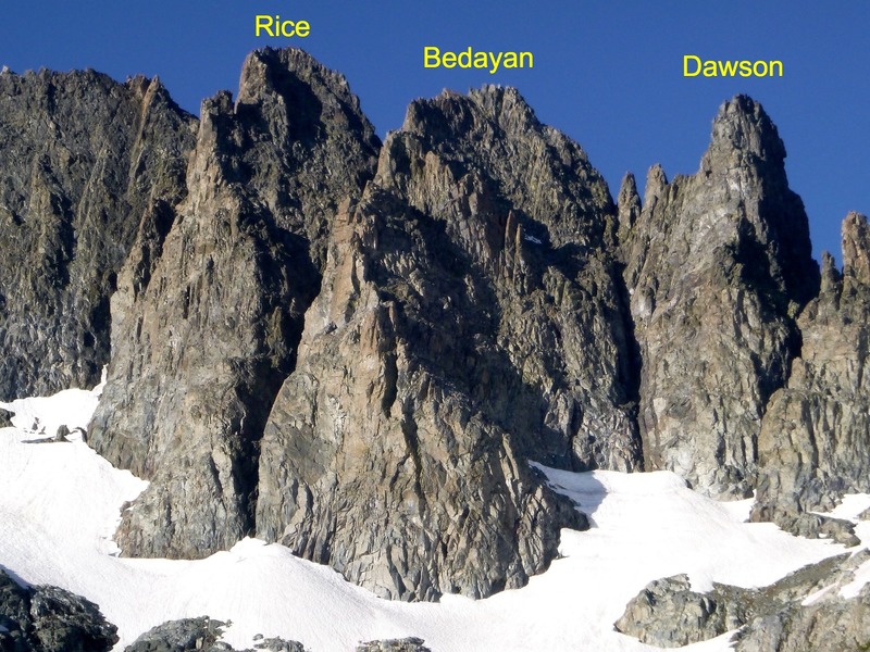 Overview of Rice, Bedayan, and Dawson Minarets from the northeast.