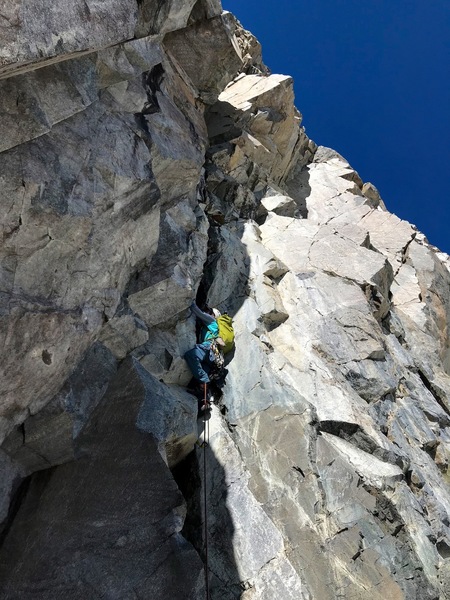 The steep opening pitch (5.10a) is much harder than the rest of the route.