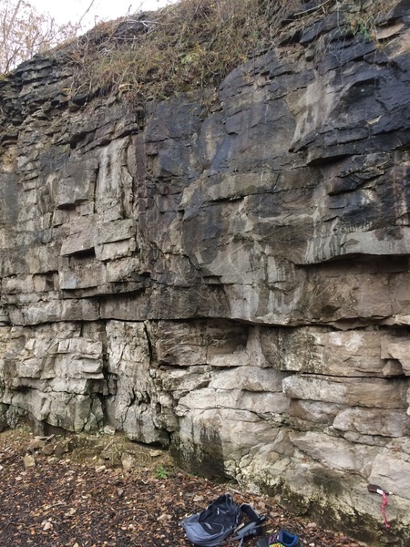 2nd half of wall. Many routes to be "established". Photo taken after recent snow, climbable when dry. Some loose rock but not terrible. Bring pads. Area is recognized by Toledo MetroParks and is open to the public all the time.