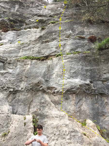 Gros Ventre route with three bolts from Fern Bar on the left.