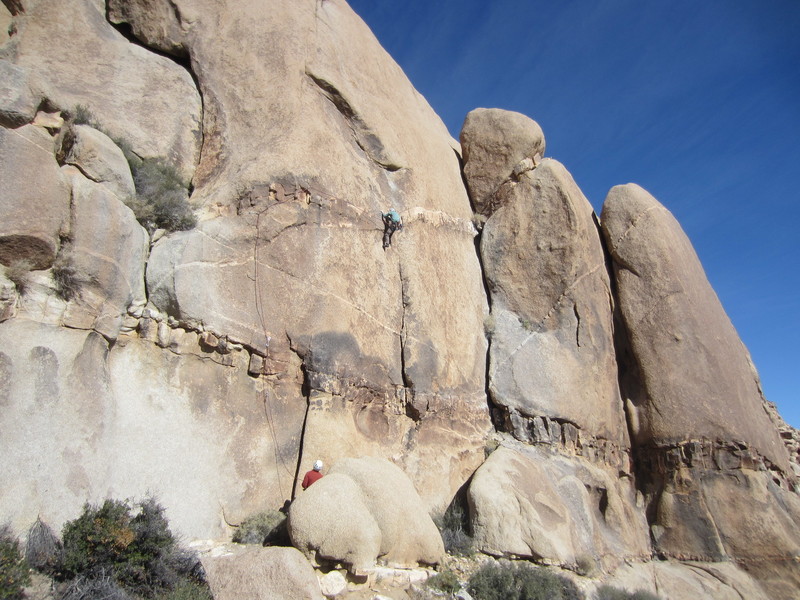 Matt Hagny allmost to the rest in the shallow corner just before the second crux.