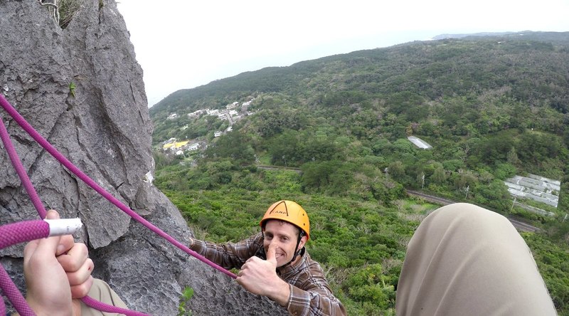 Brent pulling over the Lip of the first Pitch during the First Ascent