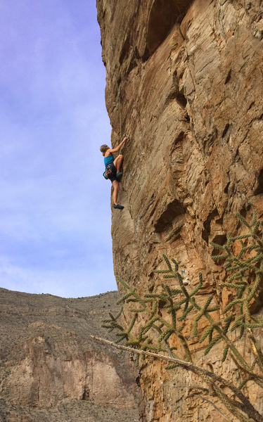 Susan at the crux on a "cleaning" run
<br>
Lily Pad (5.11c)