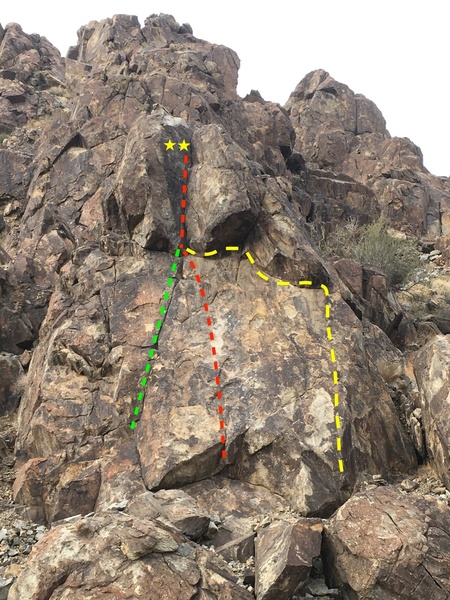 Green: Line for Tail 5.6 (T/TR)
<br>
Red: Direct Tail 5.7 (S)
<br>
Yellow: Ride the Tail 5.9 (TR)