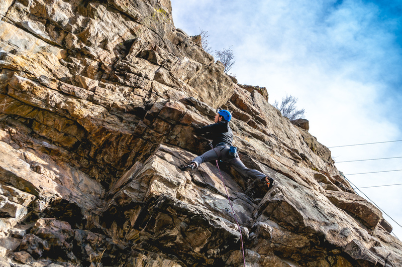 Just after the crux working the 2nd roof.
