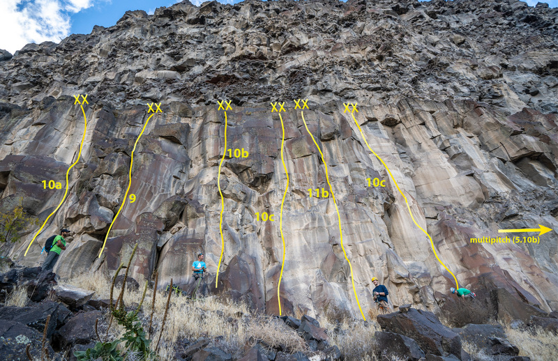 Overview of routes at Tragic Alley. This view is a bit distorted. Above the anchors lies a 8-12 ft wide ledge with the more broken section above.