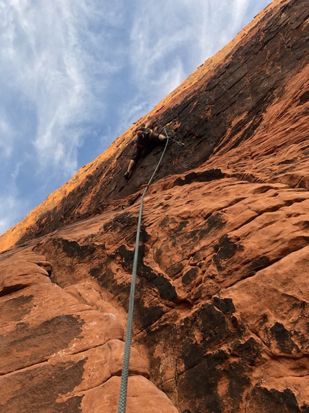 Taylor entering the crux. Sustained climbing follows.