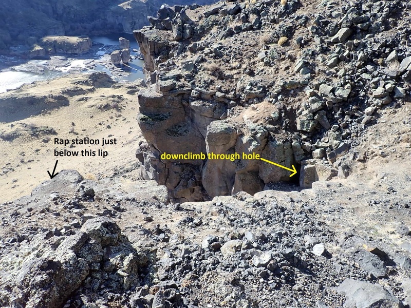 View from rim showing shelf and two options for descending cliff band. 1. Rap station for a