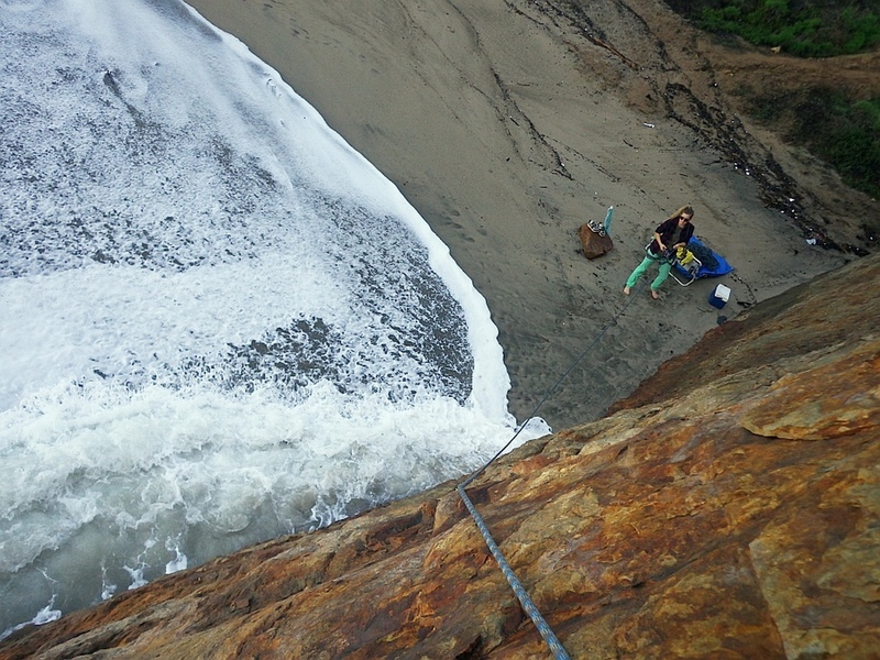 High tide in the morning. Had to traverse from middle of face outward above the water to the edge and then up the Arete. 20 Dec 2018.