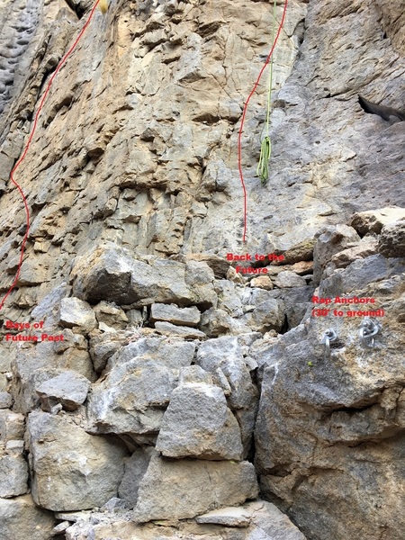 Location of rappel anchors for the upper ledge.