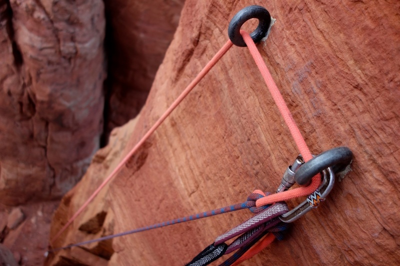 Rap to the notch with double ropes or a single 70.