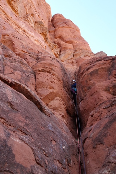 In the chimney on Pitch 1. Kind of runnout for the first bit, but not hard climbing.