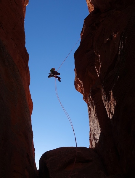 Rappelling into the notch. Two rappels with a single 60.
